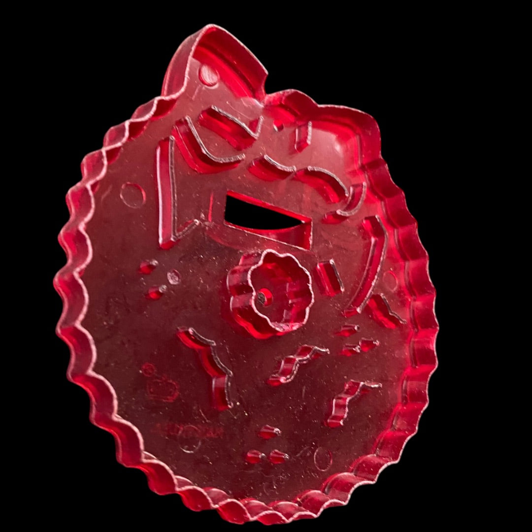 1970s Red Transparent HRM Wreath Plastic Cookie Cutter USA