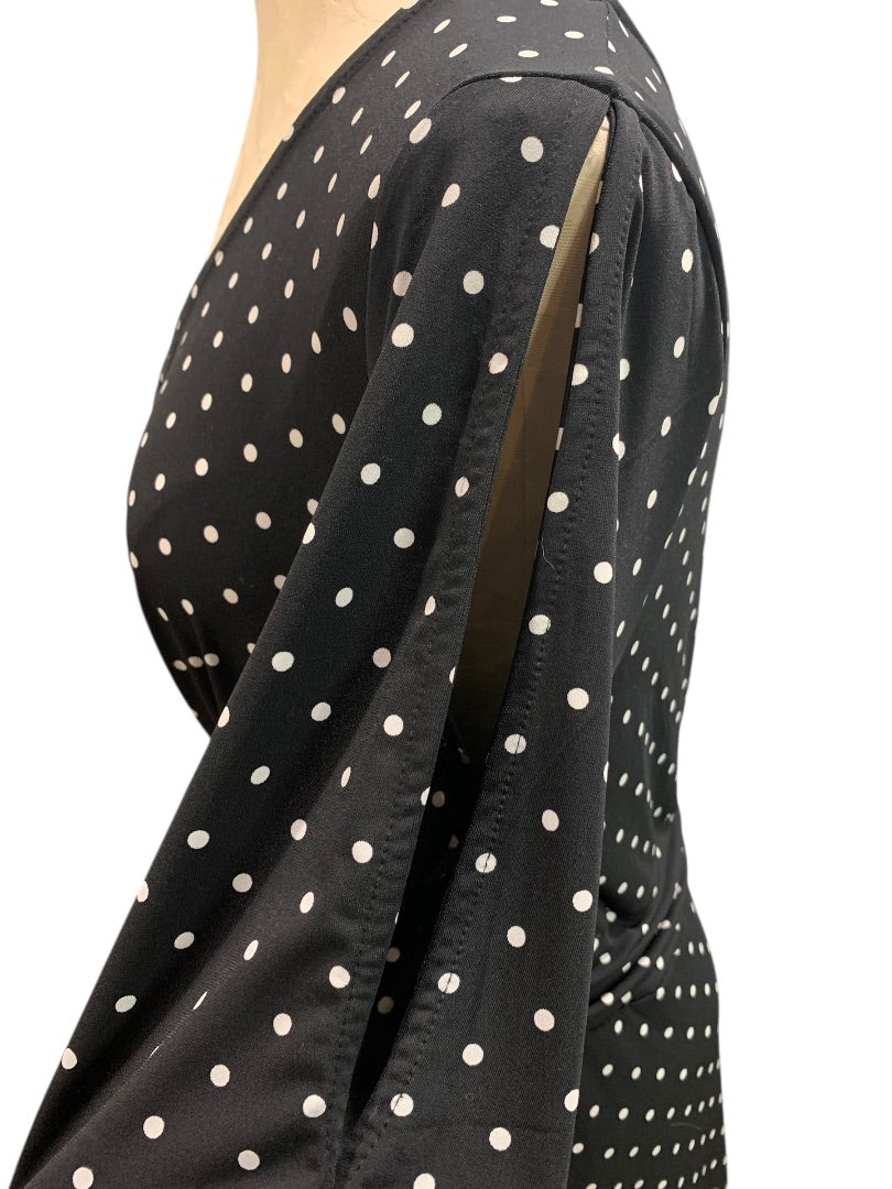 Size 14W Jessica London Stretch Dress Long Black Polka Dot Split Sleeve