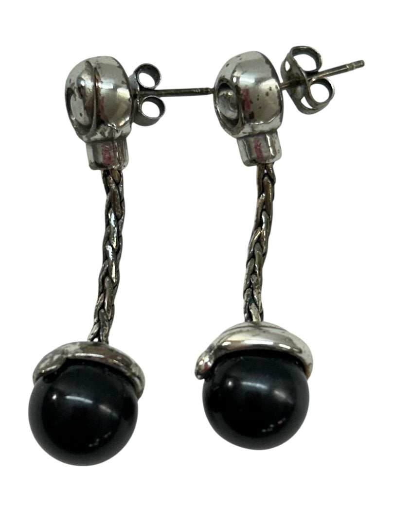 Silvertone Black Post Pierced Earrings 1.25 Inch Drop Dangle