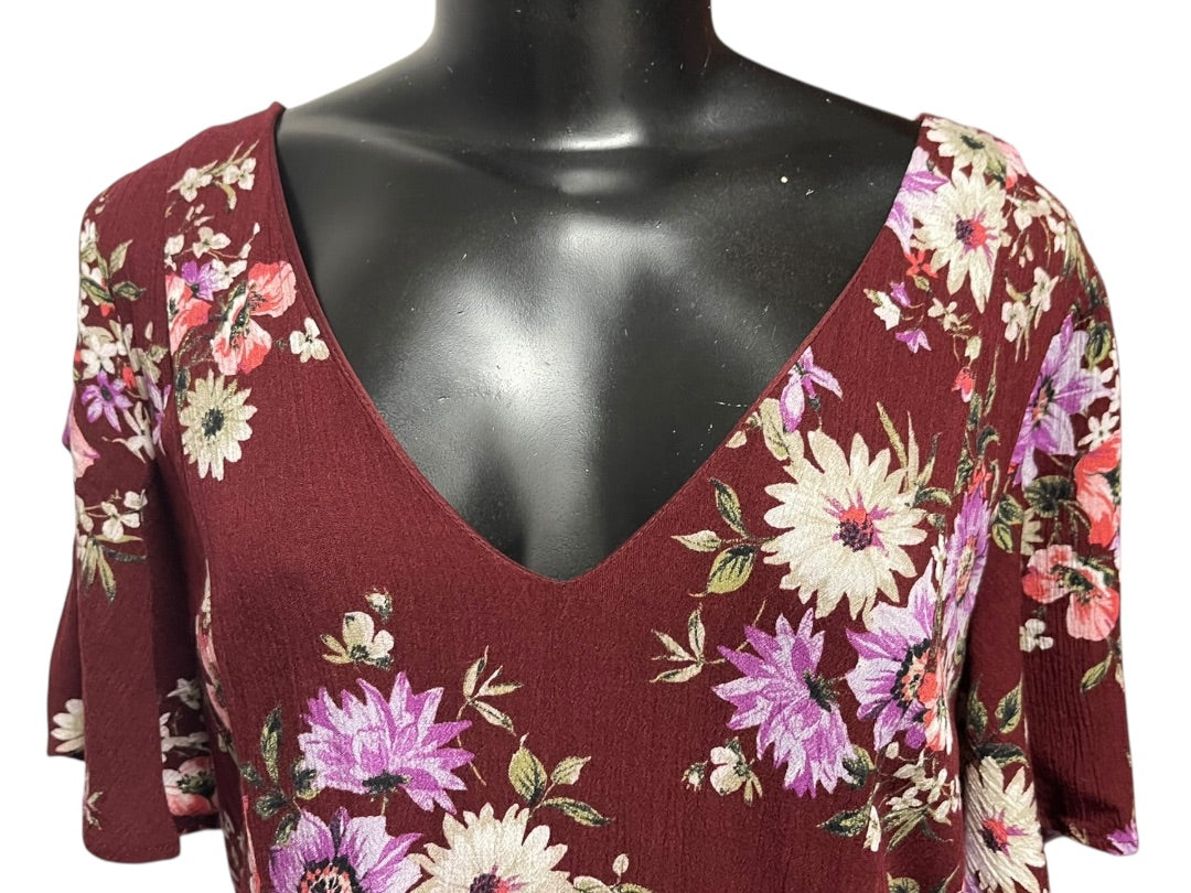 2X Torrid Floral Gauze Maxi Dress V-Neck Tie Back Merlot
