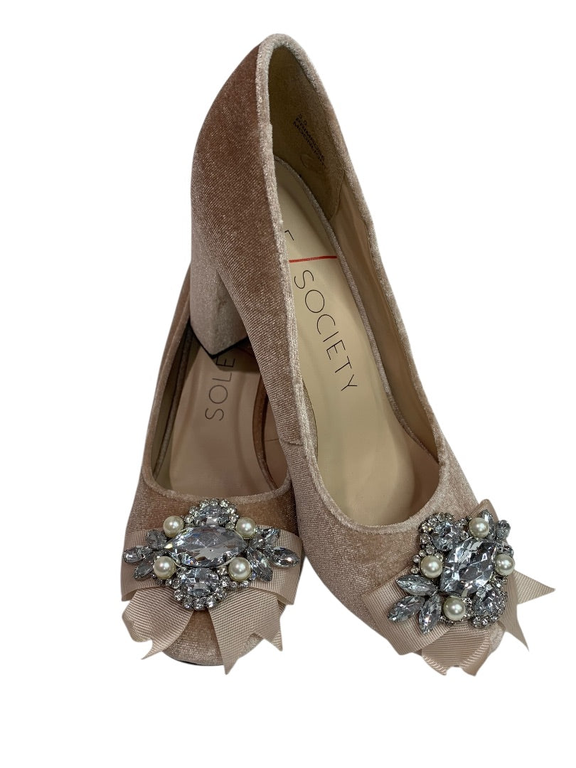 Size 5.5 Sole Society Womens Beige Velvet Embellished 3" Block Heels