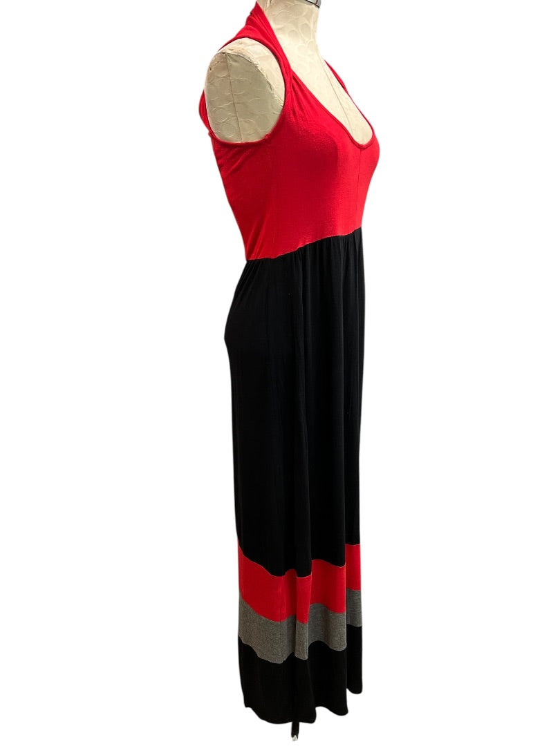 Medium Pink Rose Jersey Knit Maxi Dress Color Block Cut Out Back