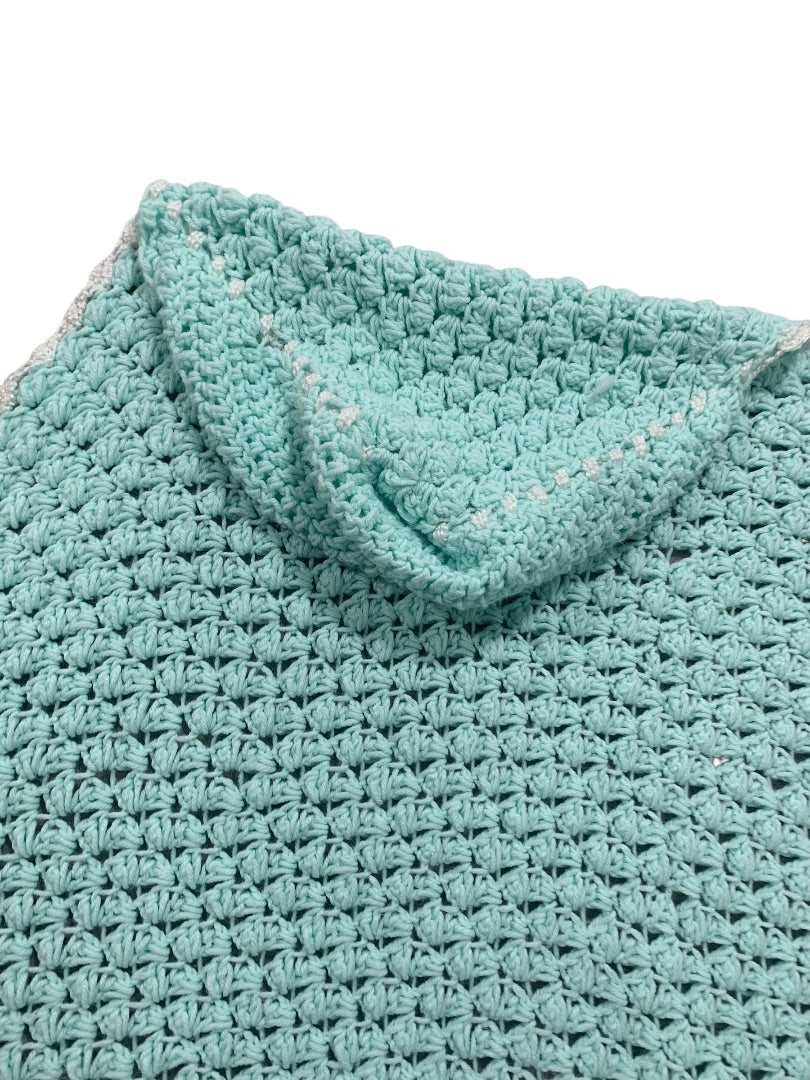 Vintage Mint Green Baby Blanket Crochet White Trim 37" x 34" Hood