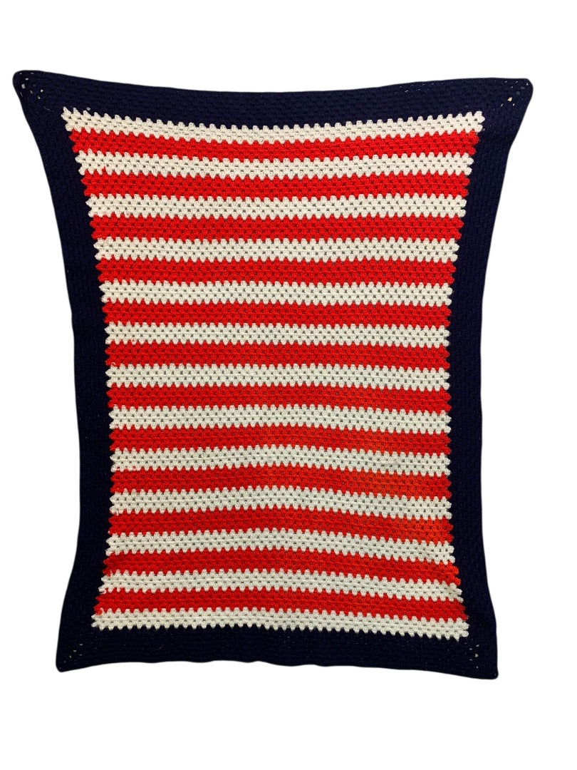 Vintage Crochet Patriotic USA Throw Blanket Afghan Stars Stripes 55" x 41"