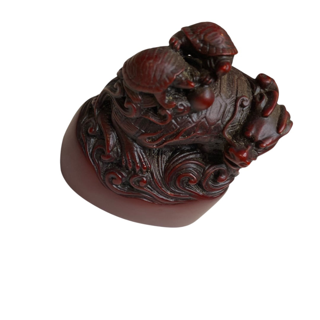 Vintage Red Resin Paperweight Figurine Dragon Turtles 2.5"