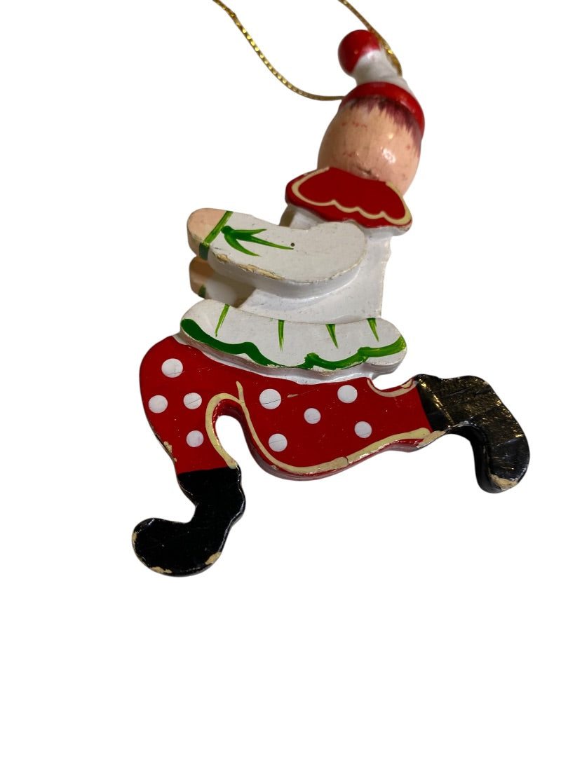 Vintage Wooden Christmas Ornament Running Jester Clown 4.75"
