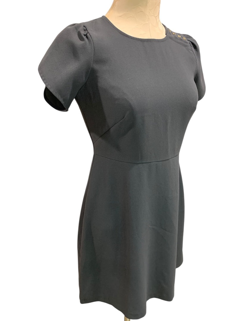 Size 2P Loft Petites Charcoal Gray A-Line Dress Button Embellished Shoulder