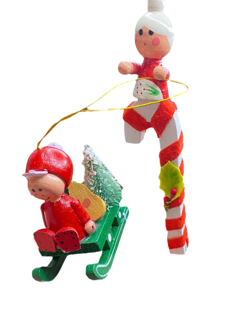 Vintage Wooden Christmas Holiday Ornaments Sled Candy Cane 2" and 3.75"