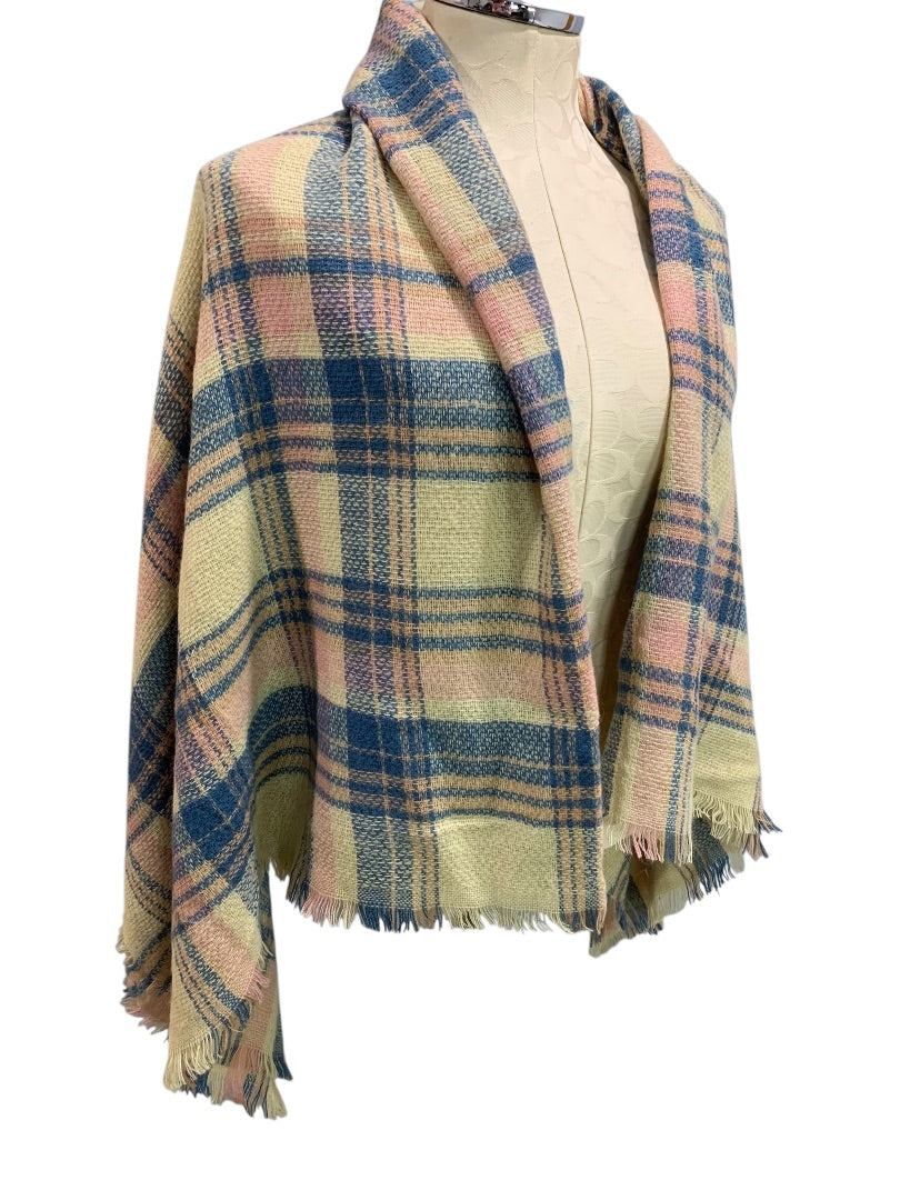 Soft Pastel Plaid Shawl Fringed 56" Square Wrap