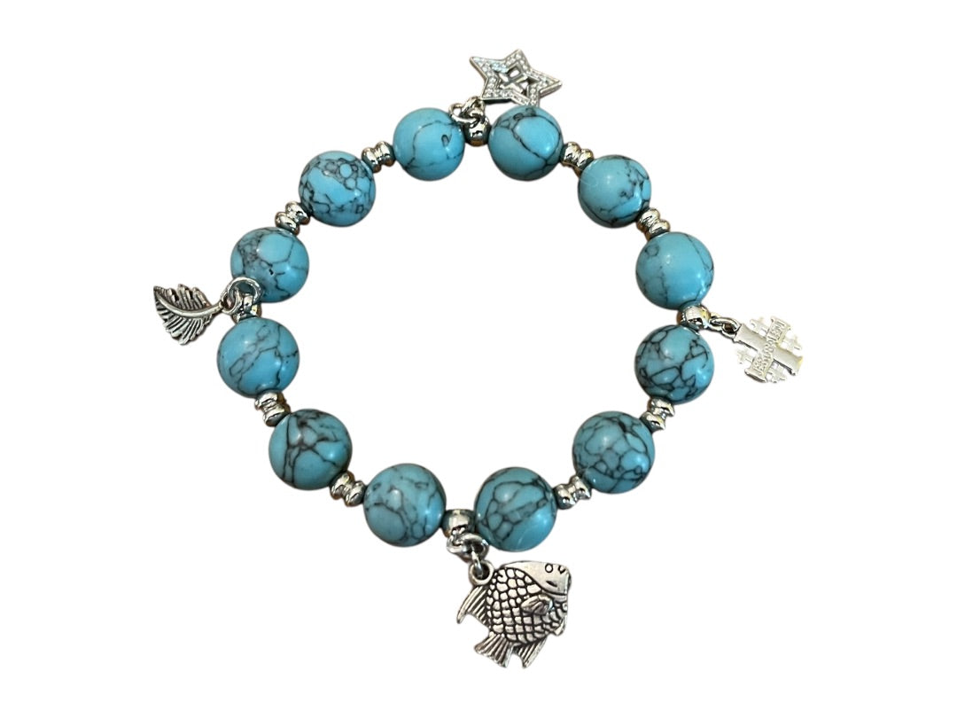 Beaded Stretch Silvertone Fish Feather Star Jerusalem Cross Bracelet Blue NWOT