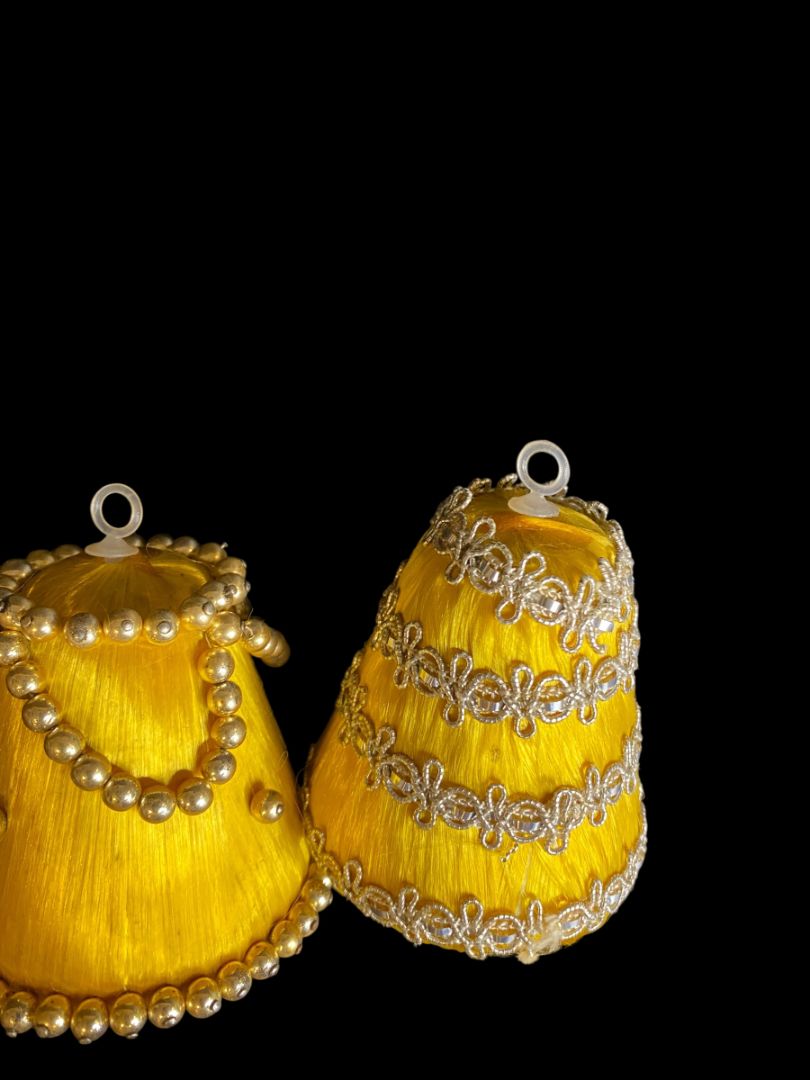 Set of 2 Vintage Christmas Ornaments Satin Spun Goldtone Bell 3"