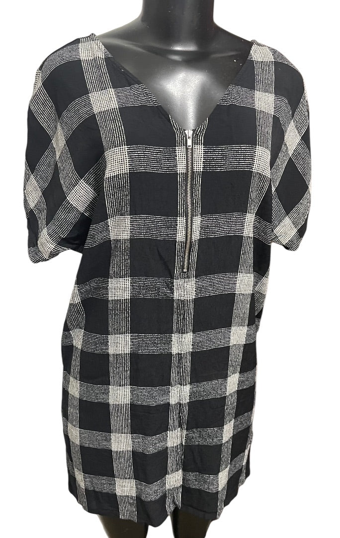 XS Madewell V-Neck Shift Dress Oversize Black White Plaid Lightweight
