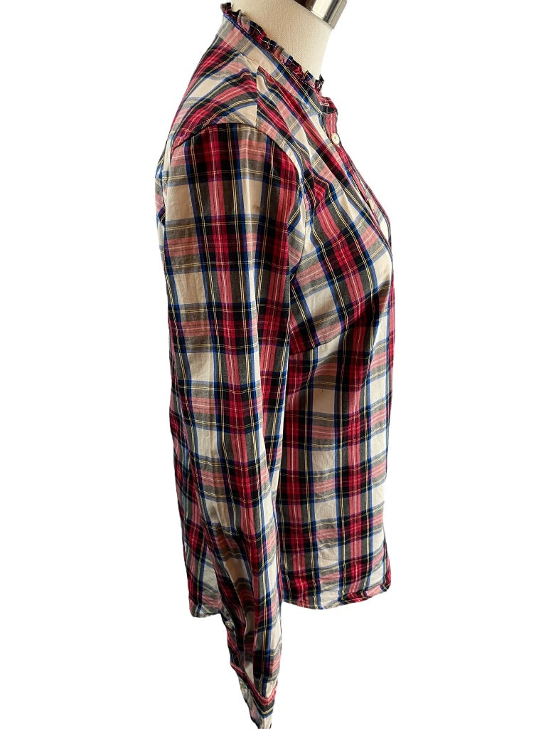 XS J.Crew Womens Plaid Button Up Ruffle Collar Blouse Stretch Cotton