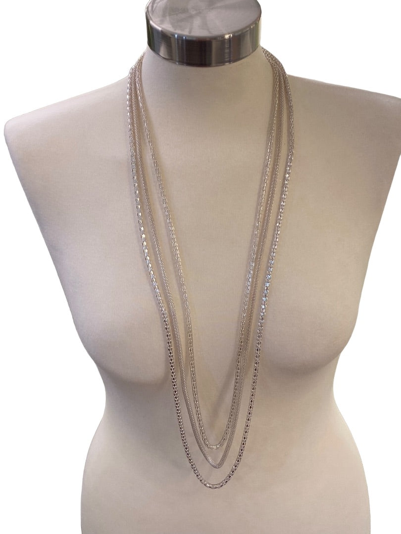 Triple Strand Draped 36" Necklace Silvertone Lightweight Sparkly