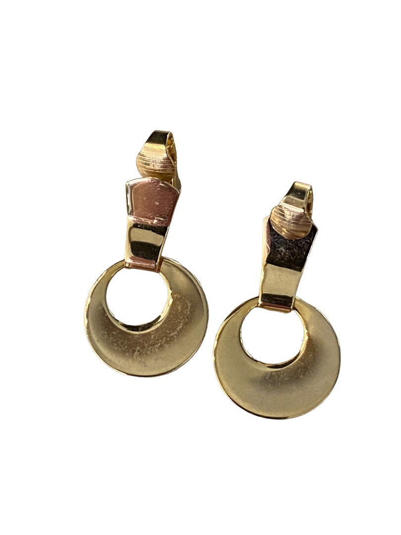 Vintage Goldtone Clip On Earrings Non-Pierced Circle 1.5" Drop Dangle