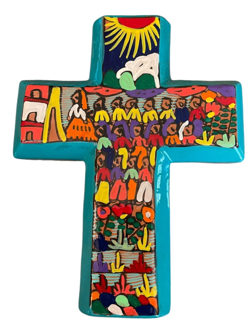 Glazed Art Pottery Hand Painted Cross Wall Vase Mexico