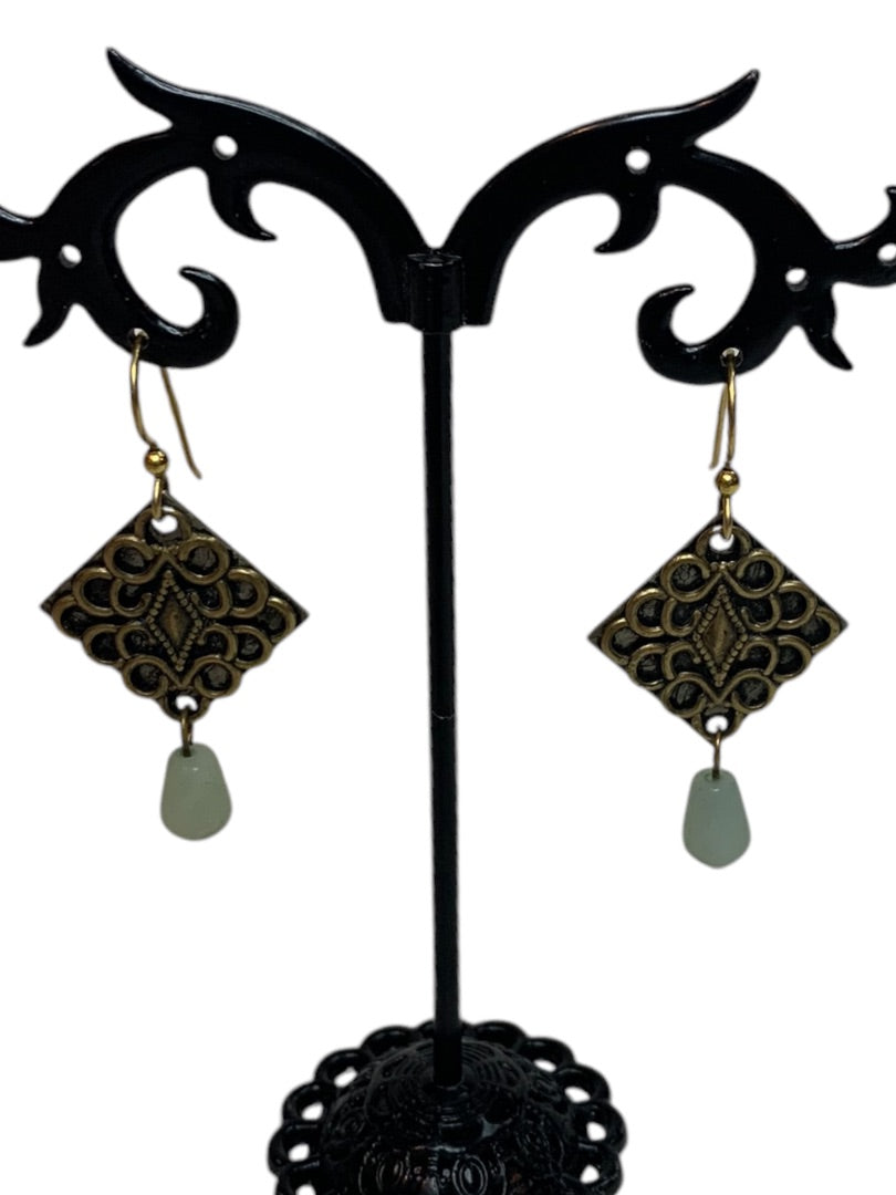 Vintage Antiqued Goldtone Hook Pierced Earrings Green Glass 2.7" Drop Dangle