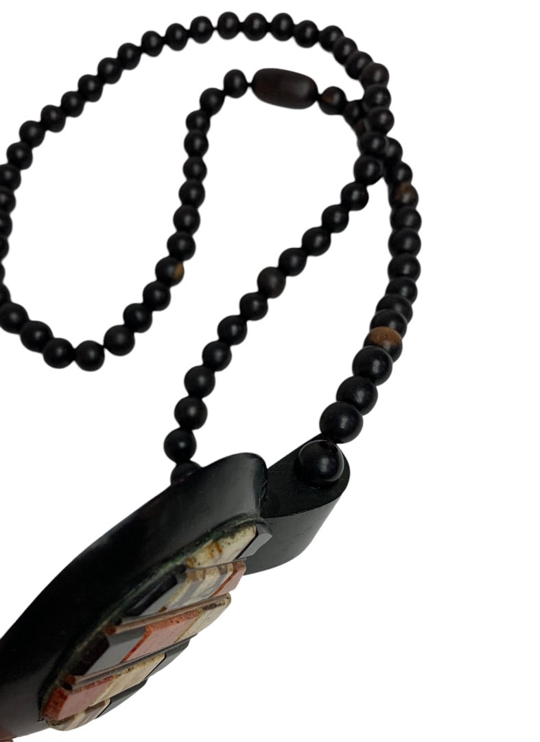 Vintage Wooden Beaded Pendant Statement Necklace Boho Style 30" Overhead No Clasp