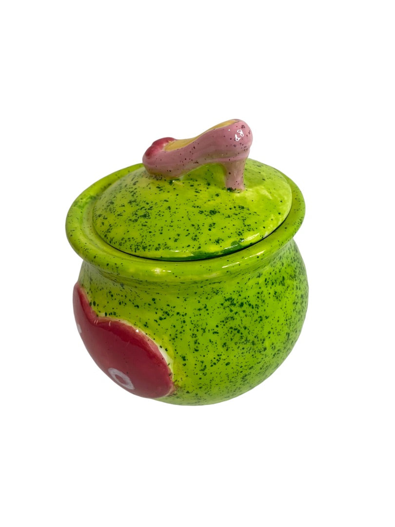 Green Lidded Jar 3.5 Inches High Heel Heart XO Glazed Ceramic