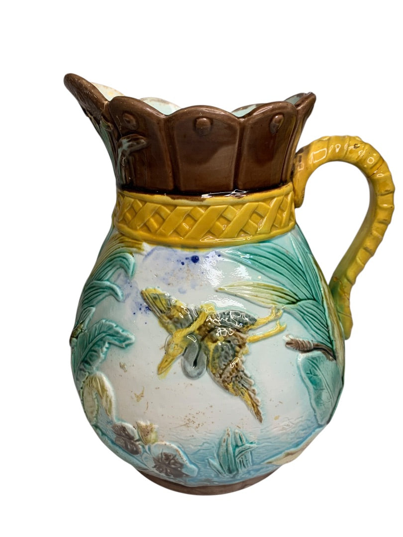 Antique Majolica Pitcher Heron 8 Inch Vibrant Color 1880s Marked