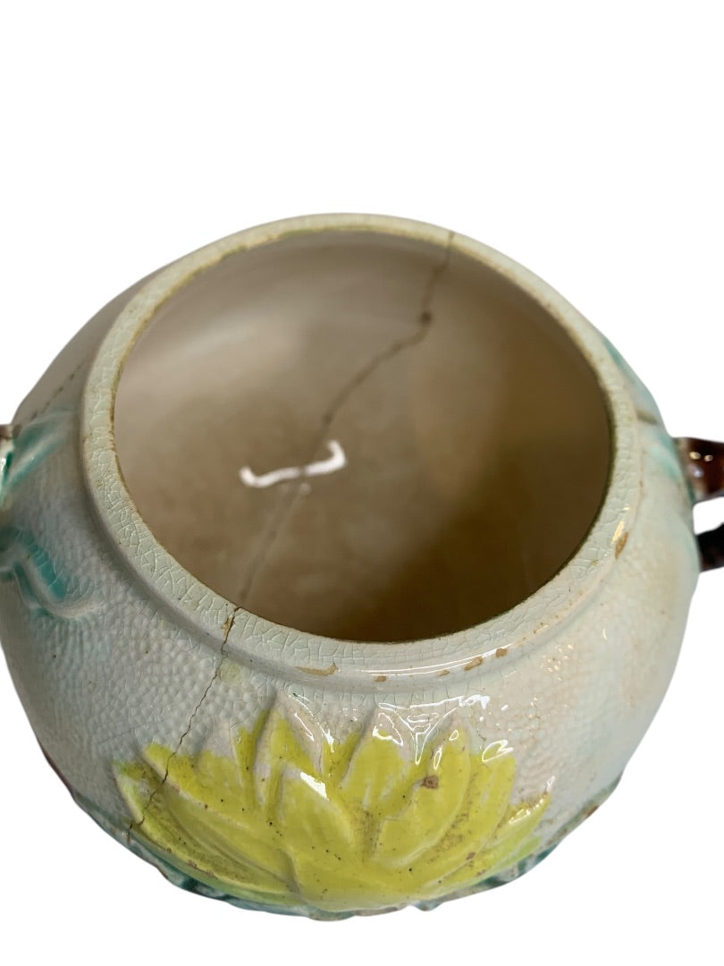 Antique Majolica Water Lily Pond Rope Sugar Bowl Handled