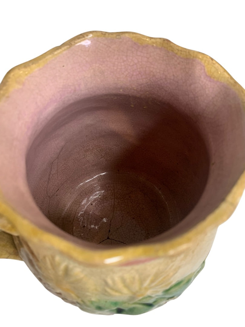 Antique Majolica Pottery Pitcher Daisy Bow Trim 6 Inch