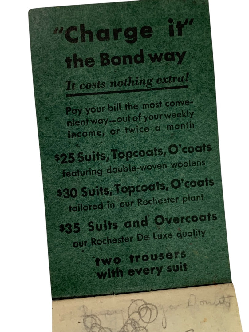 1936 Bond Clothes Promotional Notepad Scranton PA 3.7" x 2.2"