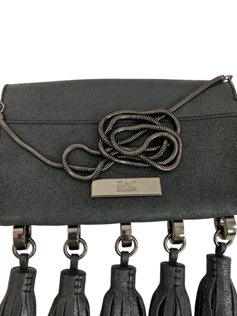 Zac Posen Heavy Tassel Brushed Black Leather Shoulderbag Clutch Hand Strap
