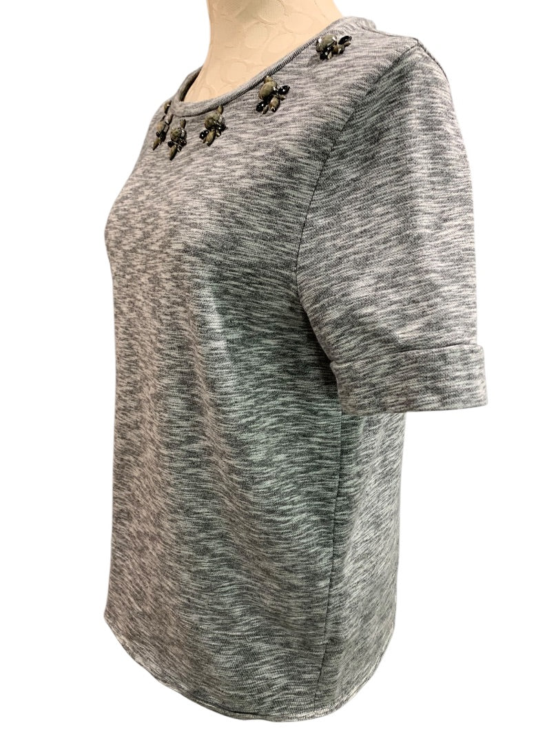 Large Petite Ann Taylor Loft Embellished Terry Short Sleeve Shirt Gray