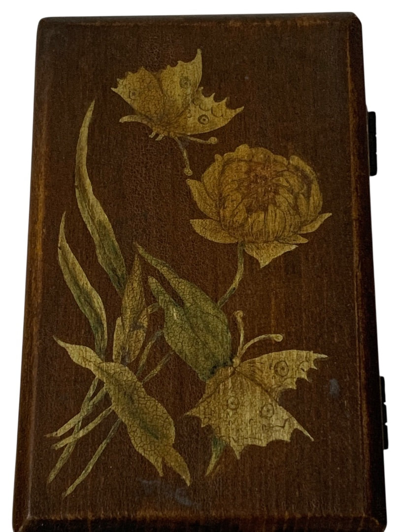 Vintage Wooden Hinged Box Rose Butterfly Painted 5.75 x 3.5 x 1.75"h