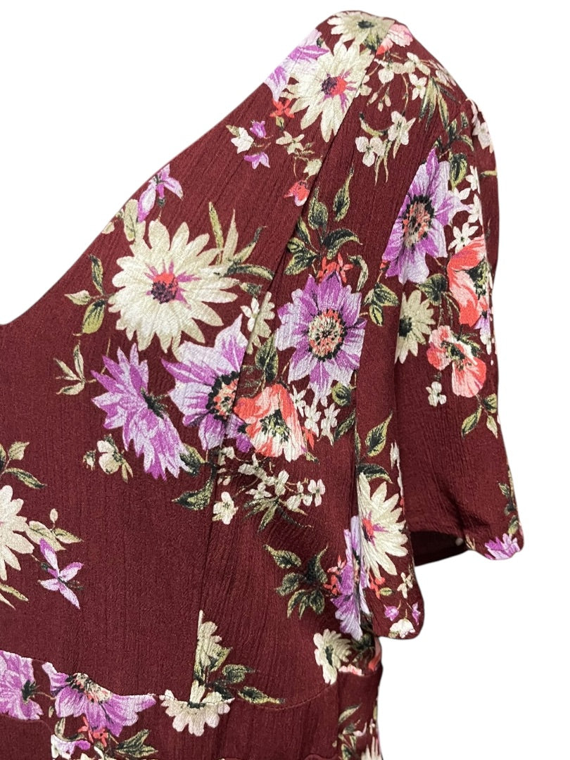 2X Torrid Floral Gauze Maxi Dress V-Neck Tie Back Merlot