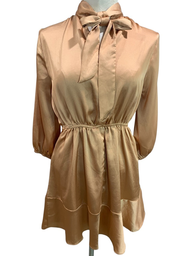 Small Vici Womens Satin Long Sleeve Dress Banded Waist Goldy Orange Color