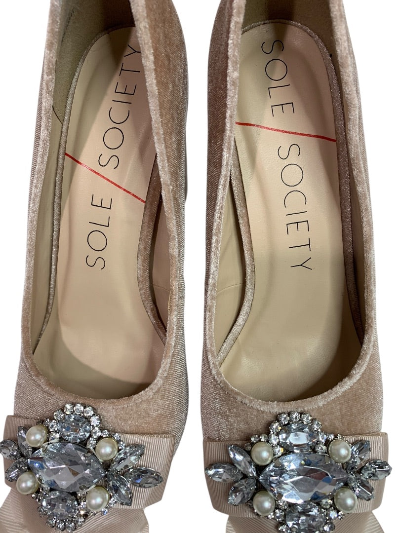 Size 5.5 Sole Society Womens Beige Velvet Embellished 3" Block Heels