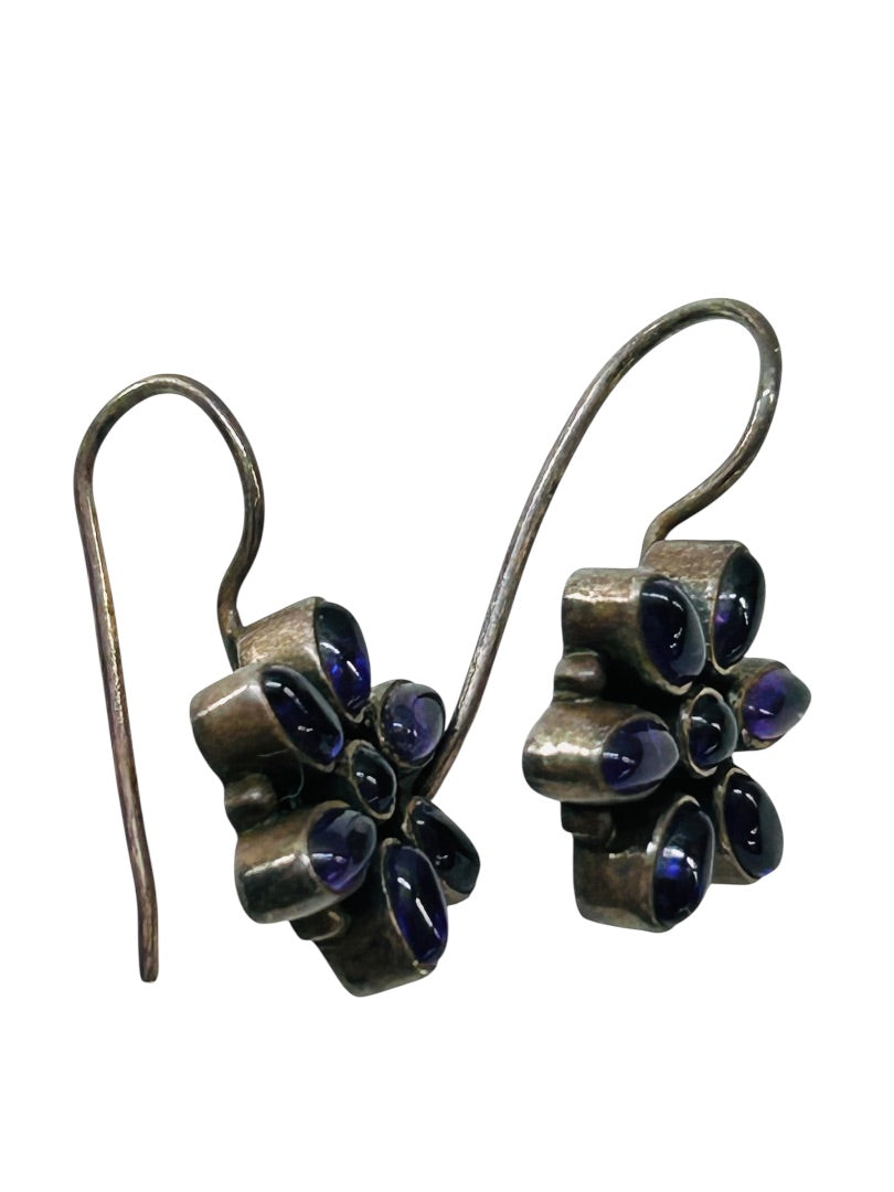 Sterling Silver 925 Flower Earrings Purple Fish Hook 1 Inch