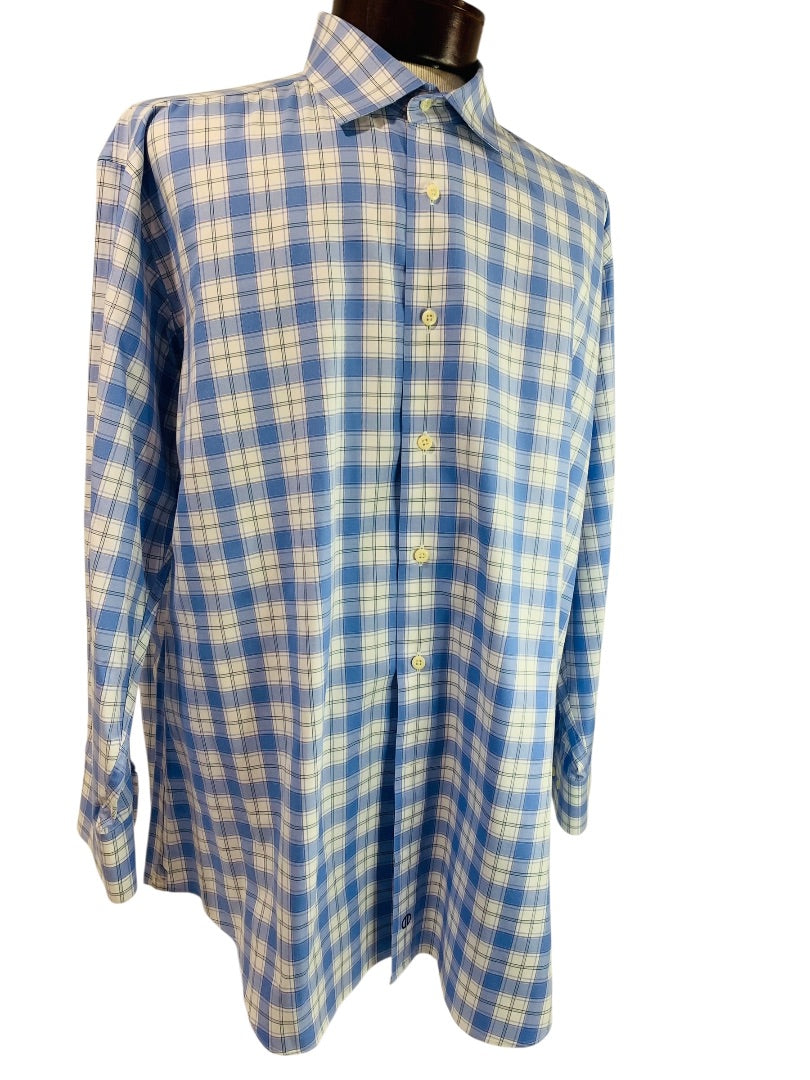 17.5 (32/33) David Donahue Mens Button Up Dress Shirt Plaid Blue
