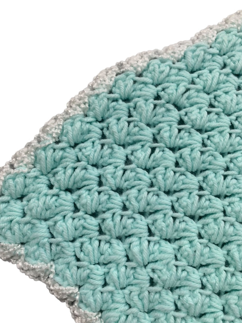 Vintage Mint Green Baby Blanket Crochet White Trim 37" x 34" Hood