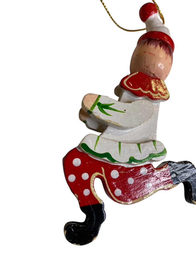 Vintage Wooden Christmas Ornament Running Jester Clown 4.75"