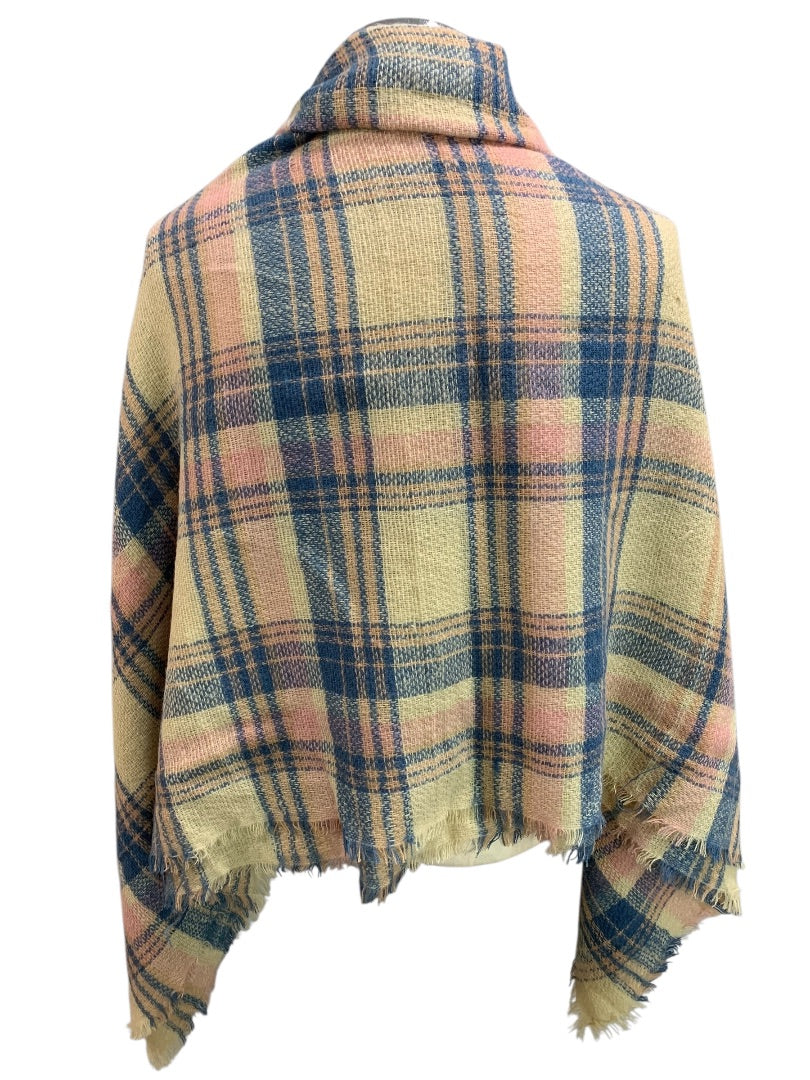 Soft Pastel Plaid Shawl Fringed 56" Square Wrap