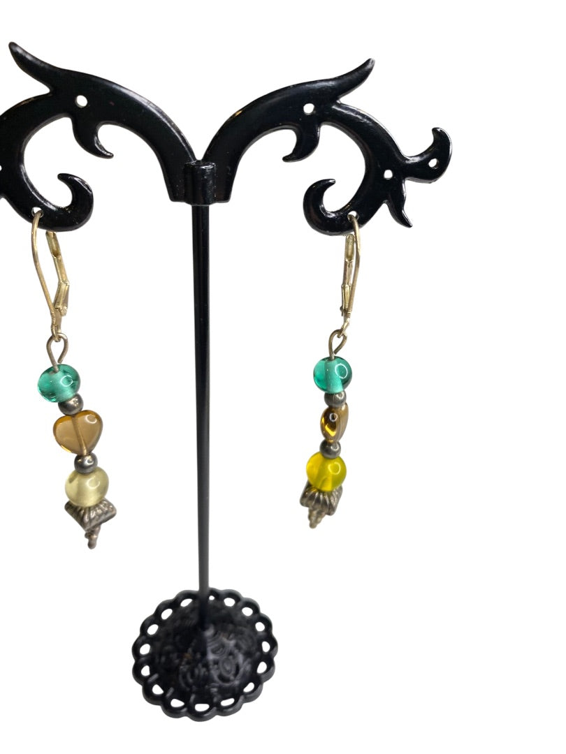 Goldtone Leverback Pierced Earrings 2.25" Beaded Drop Multicolor