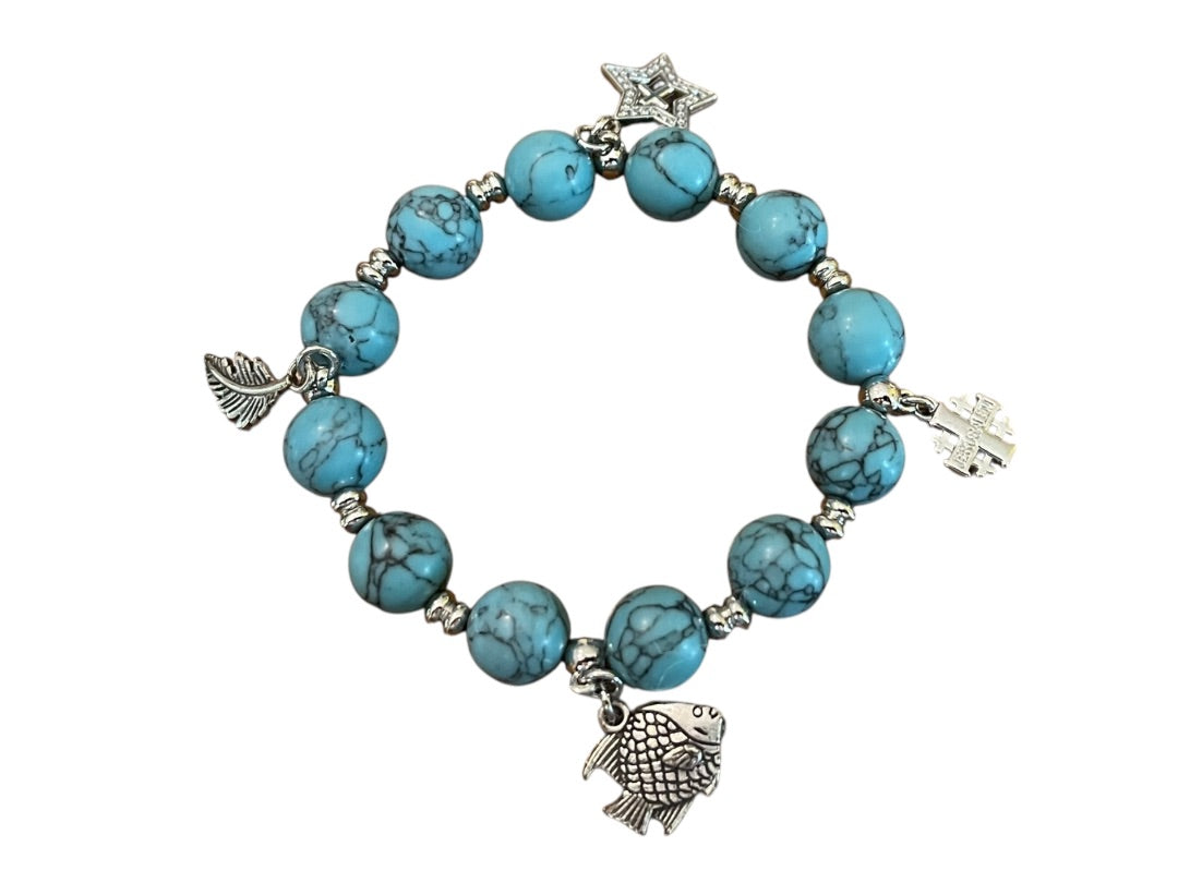 Beaded Stretch Silvertone Fish Feather Star Jerusalem Cross Bracelet Blue NWOT