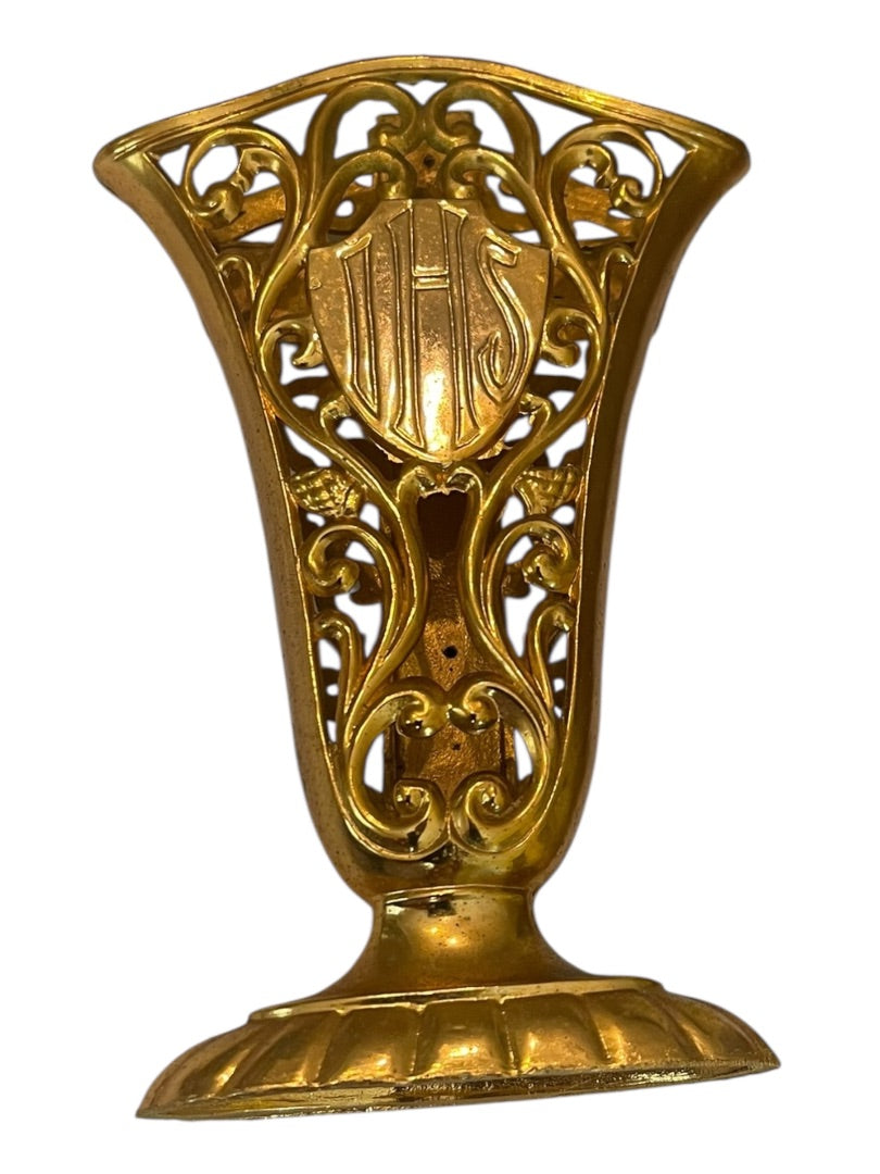 Goldtone Crucifix Vase Decor Scrolled Open 5.5"h