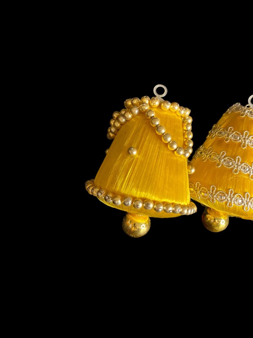 Set of 2 Vintage Christmas Ornaments Satin Spun Goldtone Bell 3"