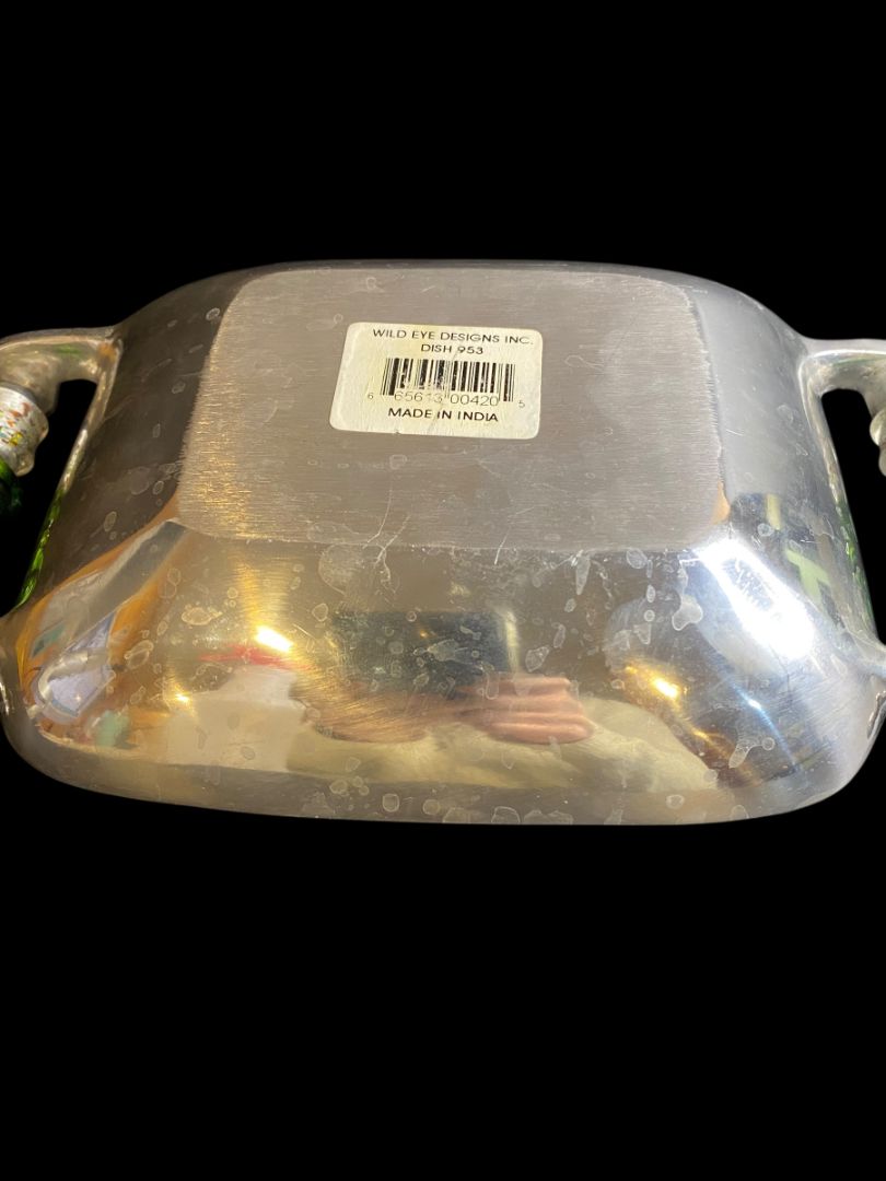 Wild Eye Designs Metal Serving Dish Small Green Bead Handles