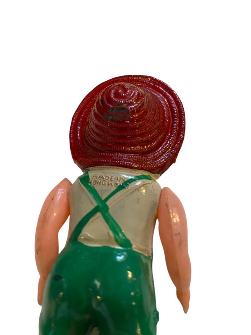 1950s Celluloid Farm Boy Doll Sleep Wake Eyes 4" Green Overalls