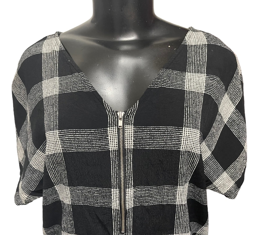 XS Madewell V-Neck Shift Dress Oversize Black White Plaid Lightweight