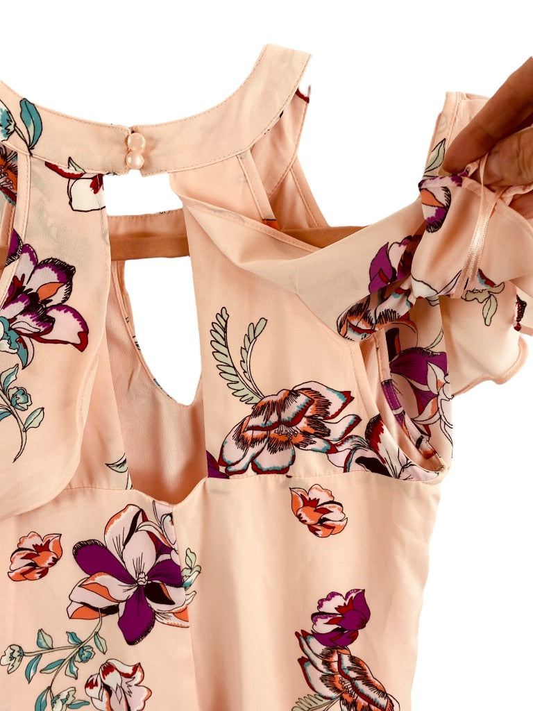 XS Candie's Pink Lined Cold Shoulder Halter Shift Dress Floral