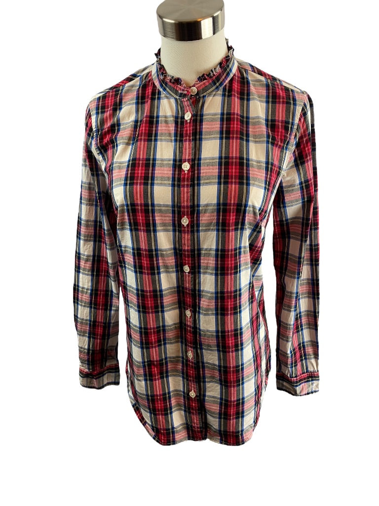 XS J.Crew Womens Plaid Button Up Ruffle Collar Blouse Stretch Cotton