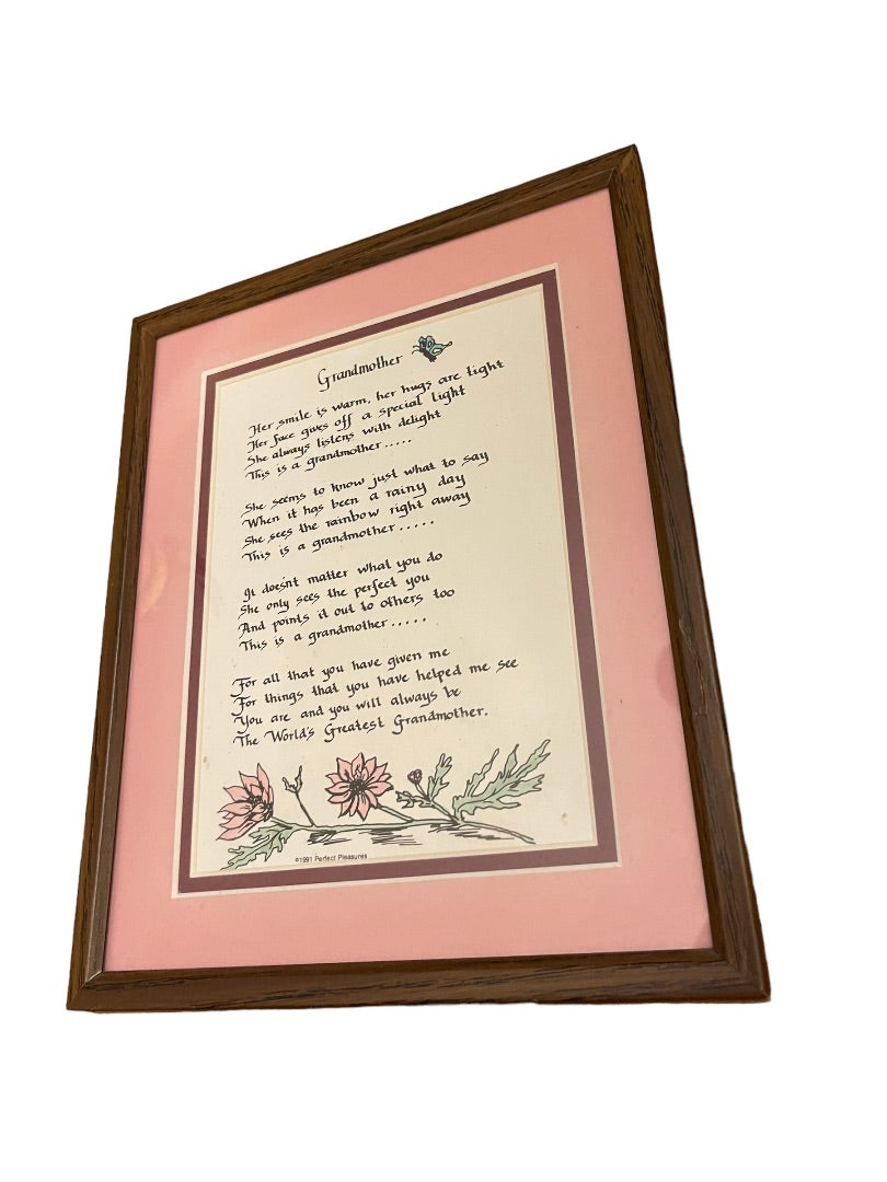 Grandmother Framed Matted Poem Pink Wall Hanging or Freestanding