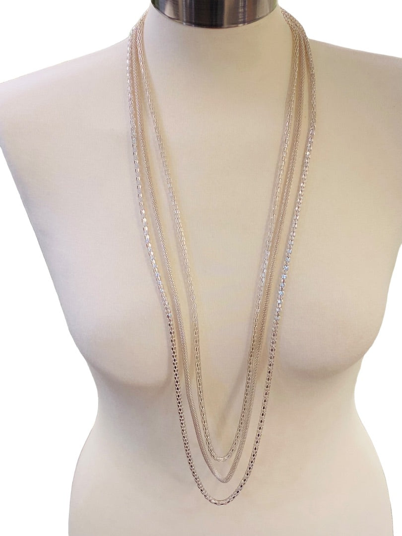 Triple Strand Draped 36" Necklace Silvertone Lightweight Sparkly