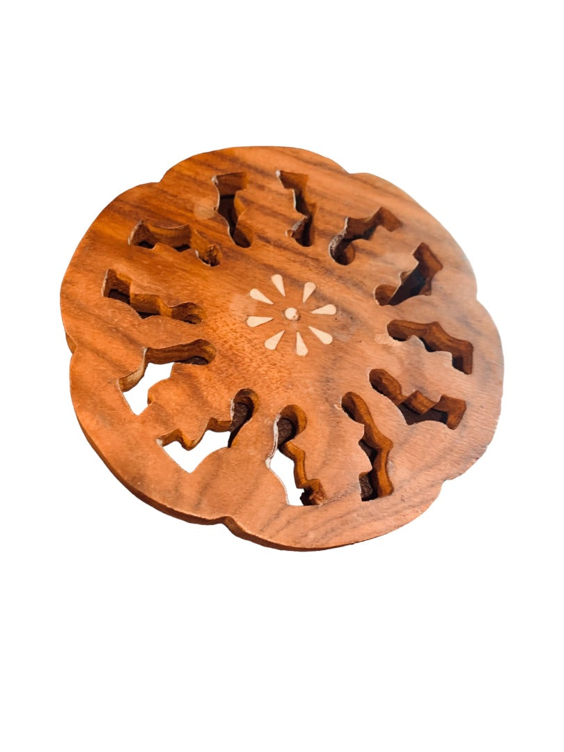 1970s Vintage Wooden Trivet 6" White Inlay Wooden Plant Tray Felt Feet